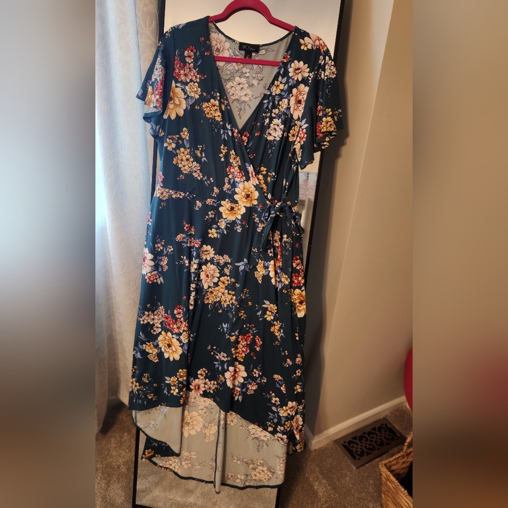 Floral Green Faux Wrap High Low Dress